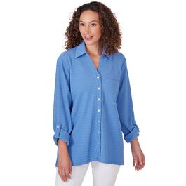Petite Ruby Rd. Bali Blue 3/4 Sleeve Solid Button Front Blouse