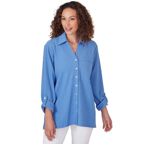 Petite Ruby Rd. Bali Blue 3/4 Sleeve Solid Button Front Blouse - image 