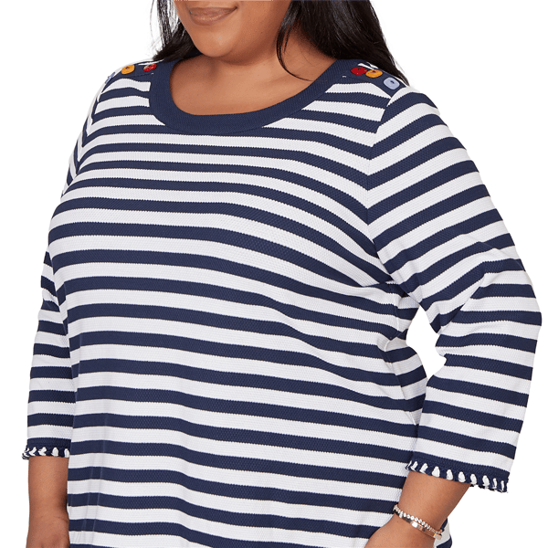 Plus Size Alfred Dunner Port Side 3/4 Sleeve Pique Stripe Sweater