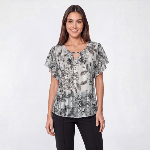 Womens Sara Michelle Flutter Sleeve Keyhole Neck Floral Blouse - image 