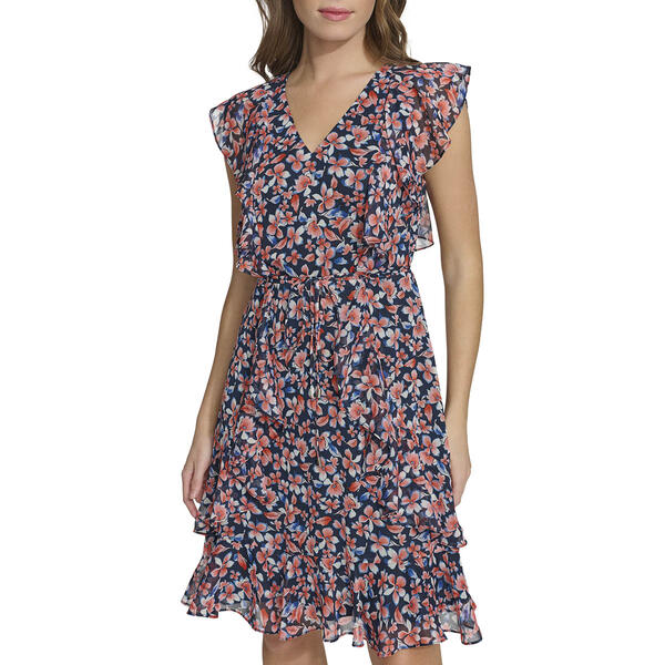 Womens Tommy Hilfiger Flutter Sleeve V Neck Print Chiffon Dress - image 