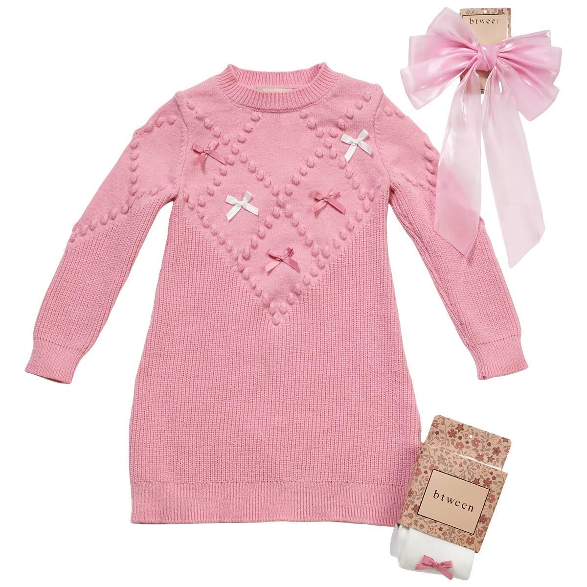 Toddler Girl BTween(R) Pink Cardigan Ribbons Dress, Tights, Bow Set