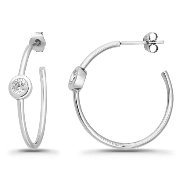 Designs By FMC Sterling Silver Round Bezel CZ Hoop Earrings
