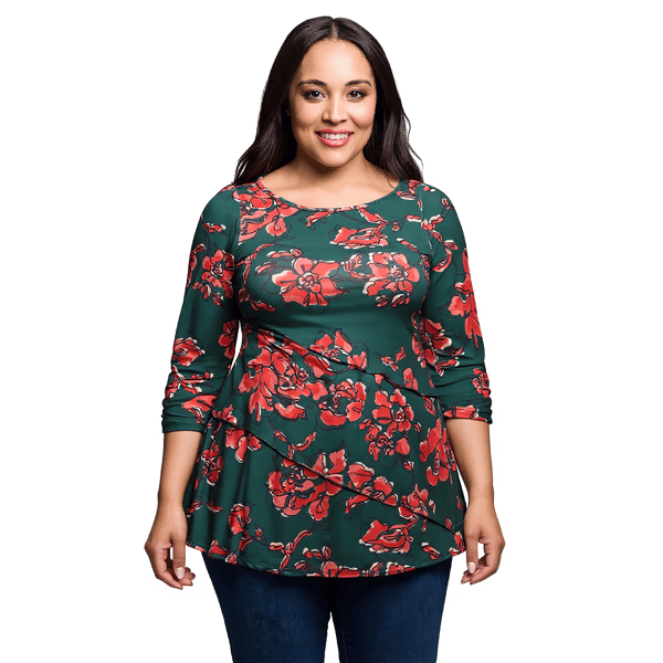 Plus Size 24/7 Comfort Apparel Green Floral 3/4 Sleeve Tunic Blou