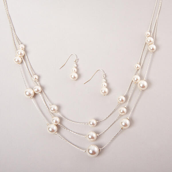 Silver-Tone Simulated Cream Pearl Necklace Set - image 