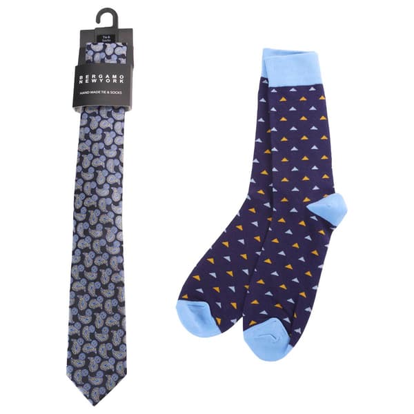 Mens Bergamo Tie/Sock Set - Light Blue/Yellow - image 
