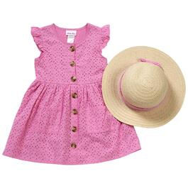 Girls &#40;4-6x&#41; Little Lass Woven Eyelet Dress w/ Straw Hat - Pink