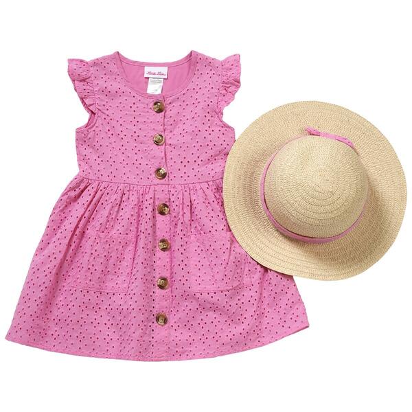 Girls &#40;4-6x&#41; Little Lass Woven Eyelet Dress w/ Straw Hat - Pink - image 