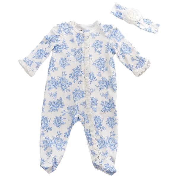 Baby Girl (NB-9M) Little Me Blue Roses Footie with Headband - image 