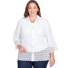 Plus Size Ruby Rd. By The Sea 3/4 Sleeve Lace Button Down Blouse