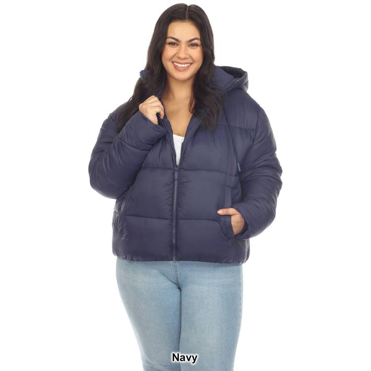 Plus Size White Mark Zip Hooded Bomber Puffer Coat