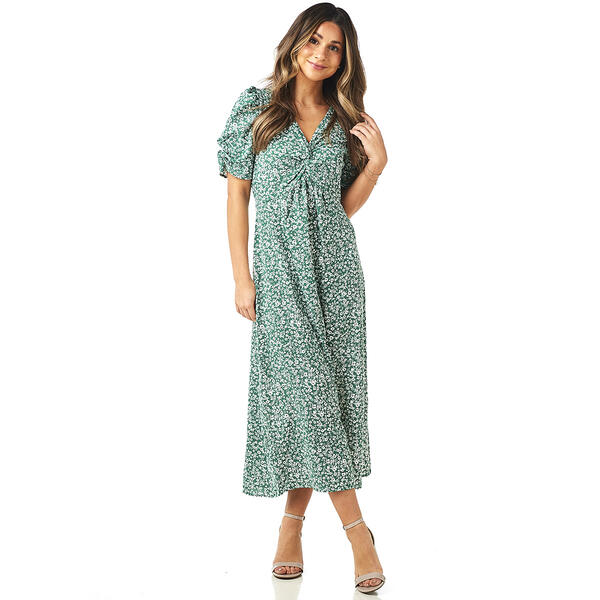 Womens Absolutely Famous Puff Sleeve V-Neck Midi Dress - image 