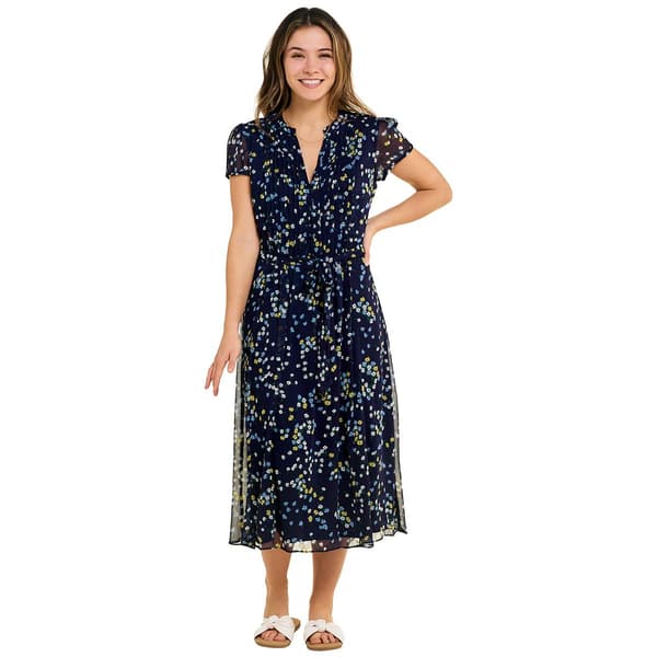 Womens MSK Short Sleeve Chiffon Pintuck Floral Midi Dress - image 