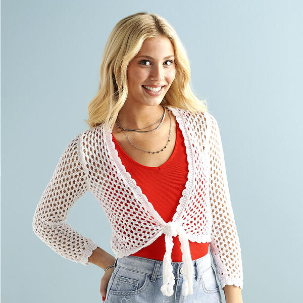 Juniors Poof! Sweetie Hollow Out Tie Front Cardigan - image 