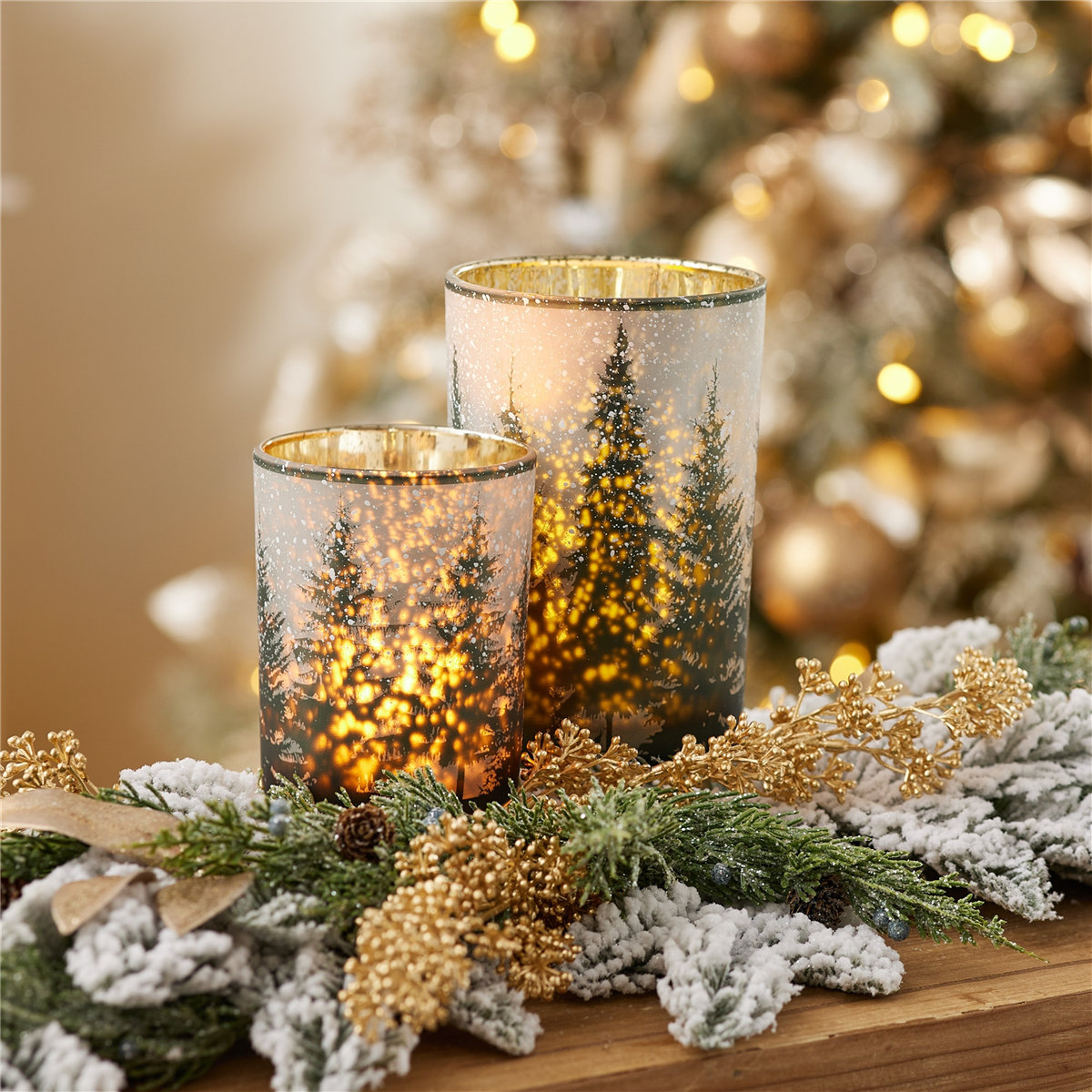 Melrose Frosted Pine Mercury Glass Candle Holder - Set of 2