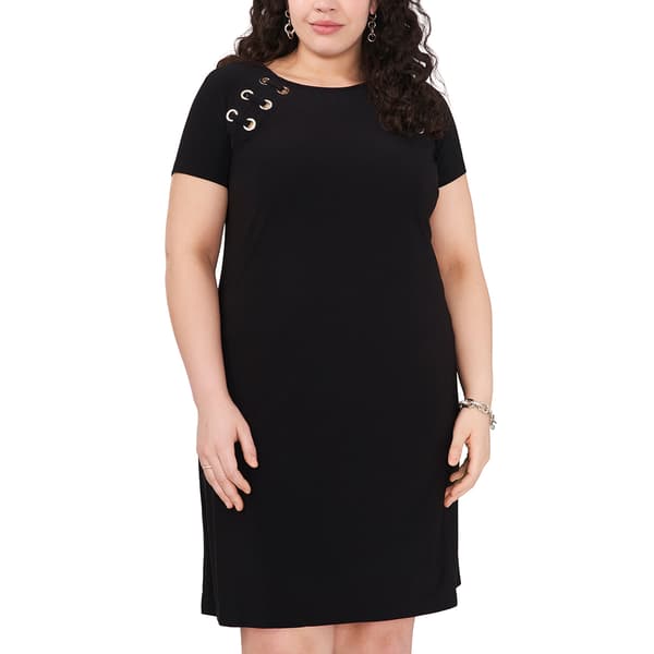 Plus Size MSK Short Sleeve Grommet Trim Solid Shift Dress