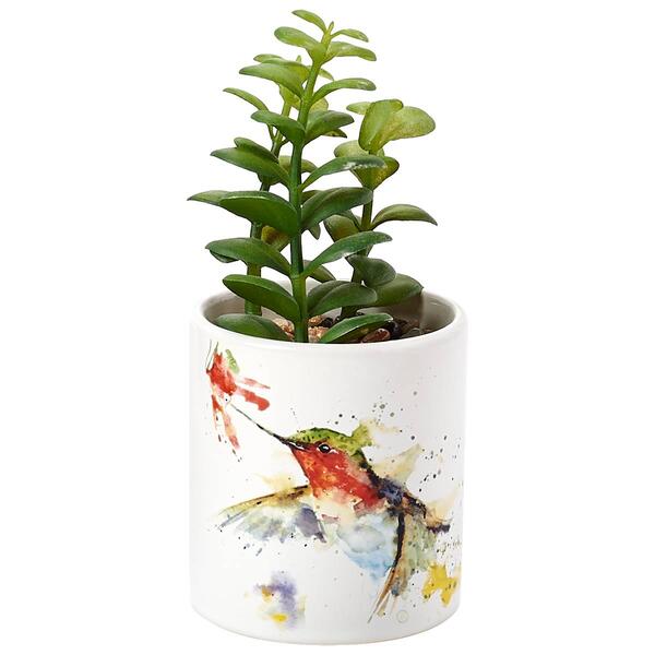 Bird & Flower Painted Planter w/ Faux Succulent - image 