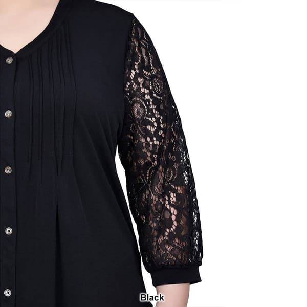 Plus Size NY Collection Lace Sleeve Solid Pleat Front Henley