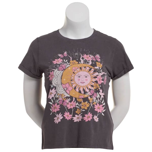 Juniors No Comment Optic Wash Floral Celestial Graphic Tee - image 