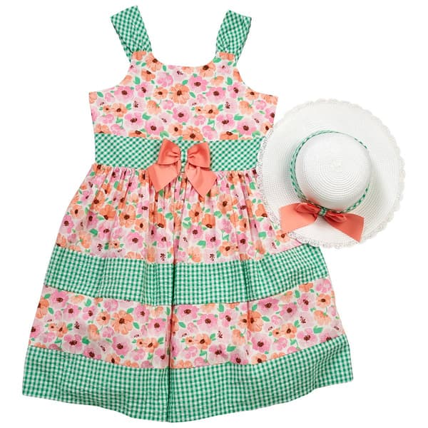 Girls (7-16) Bonnie Jean Floral/Gingham Sleeveless Dress w/ Hat
