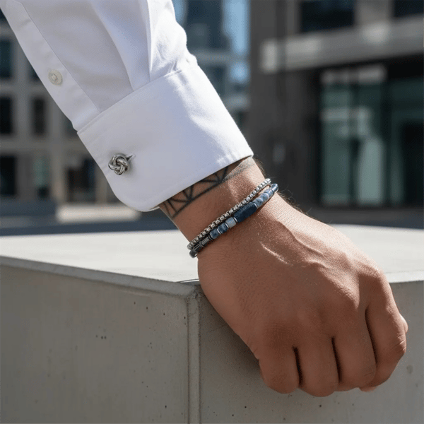 Mens Iron Saints Silver Blue Bead Box Chain Layered Bracelets