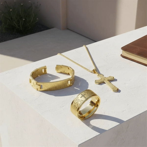 Mens Iron Saints Faith 18kt. Gold Plating Lord’s Prayer 3pc. Set