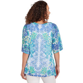 Womens Ruby Rd. Bali Blue Knit Embellished Floral Blouse