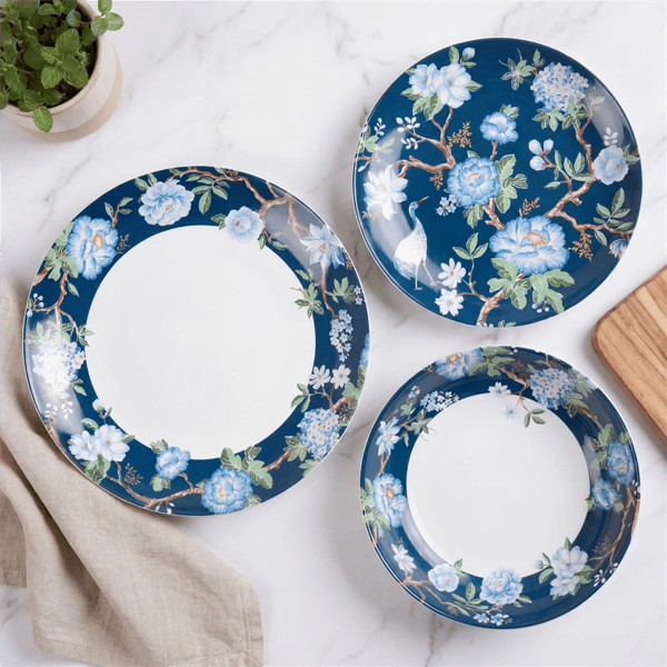 222 Fifth Nightingale 12pc Blue Florals Porcelain Dinnerware Set