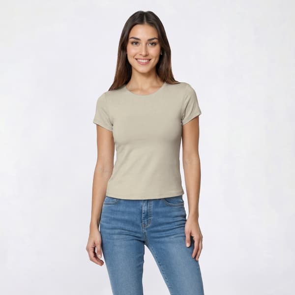 Juniors Pink Rose Contour Crew Neck Double Layer Cap Sleeve Tee