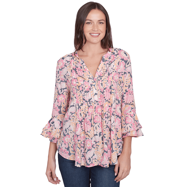 Women''s Garden Floral Ruffle Sleeve Henley Top - image 