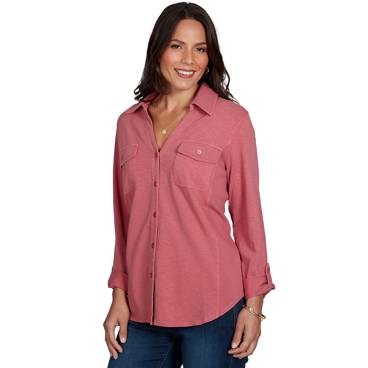 Petite Ruby Rd. Game of Luxe Tab Sleeve Casual Button Down