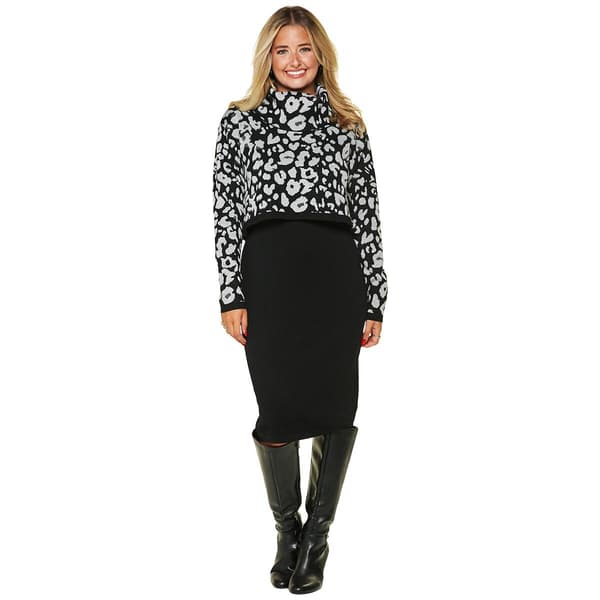 Womens Nina Leonard Long Sleeve Leopard Cowl Sweater Dress