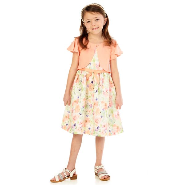 Girls (4-6x) Bonnie Jean Flutter Cardigan w/Floral Jacquard Dress - image 