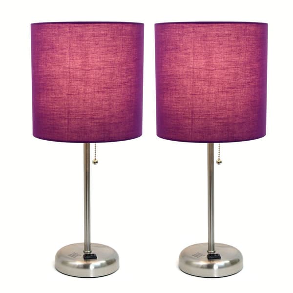 LimeLights Brush Steel Lamp w/Charge Outlet/Purple Shade-Set of 2