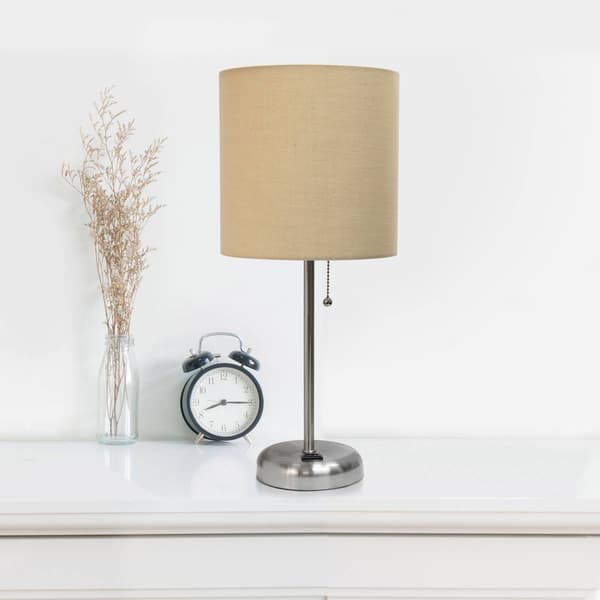 LimeLights Brush Steel Lamp w/Charging Outlet/Tan Shade-Set of 2