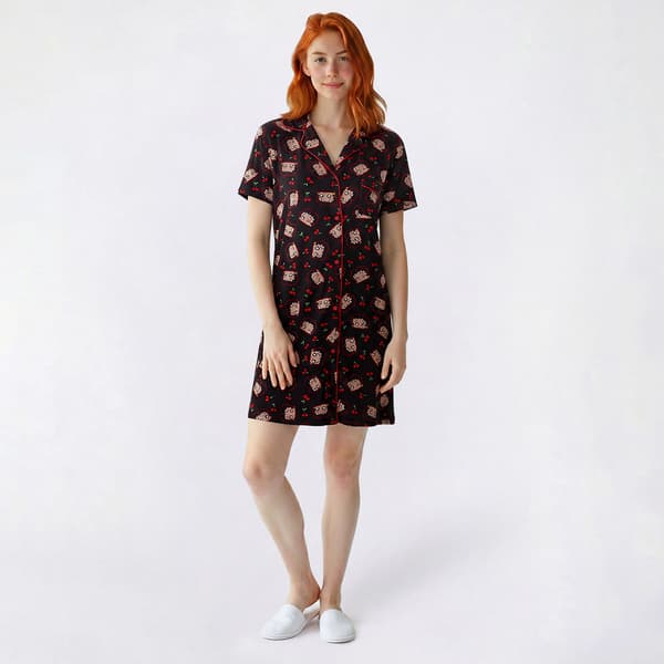 Juniors Betty Boop Cherries Short Sleeve Notch Collar Nightshirt - image 