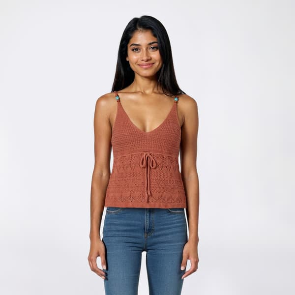 Juniors Pink Rose V Neck Pointelle Lacing Cami With Beads