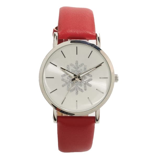 Silver-Tone Glitter Snowflake Dial With Red Strap Watch - PT10187 - image 