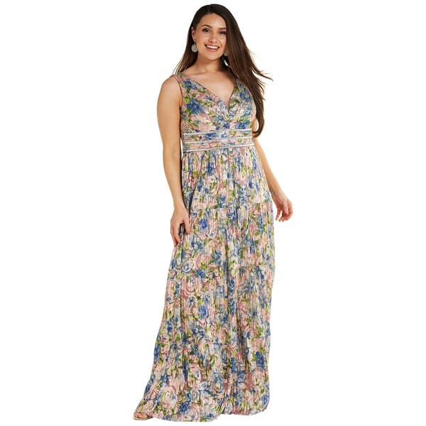 Womens R&M Richard Sleeveless Floral V-Neck Evening Gown - image 