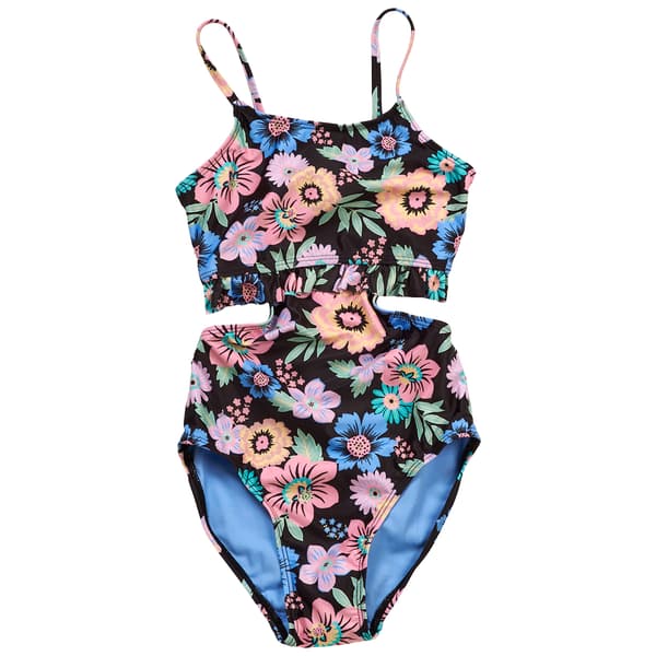 Girls (7-16) Breaking Waves Floral Cutout One Piece Swimsuit