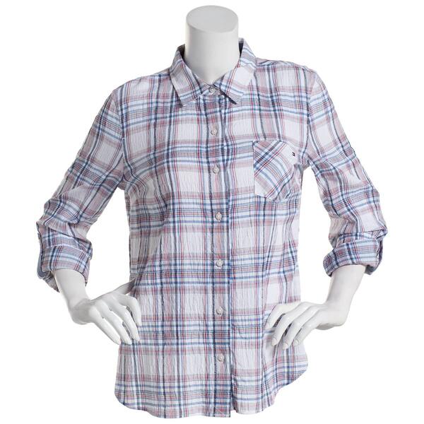 Womens Tommy Hilfiger Sport Plaid 3/4 Roll Tab Button Front - image 