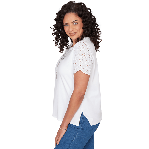 Womens Alfred Dunner Classics Short Eyelet Sleeve Solid Blouse