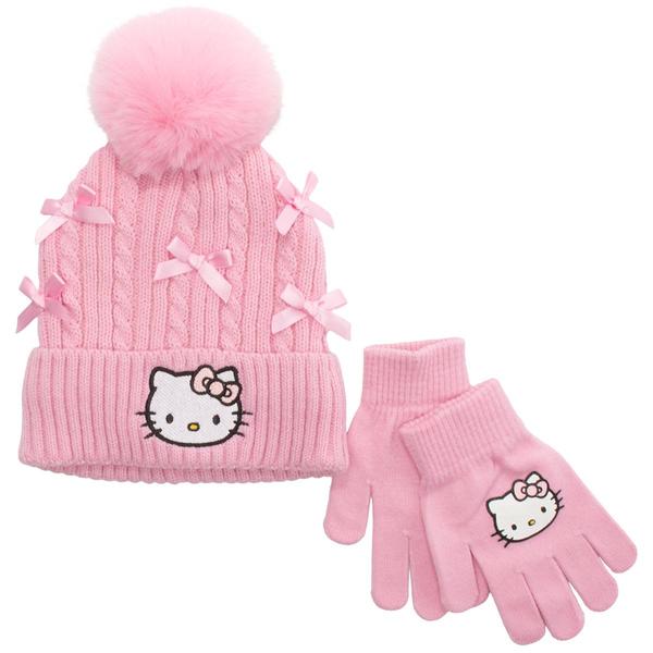 Girls Hello Kitty 3D Bows Cable Beanie w/ Gloves - image 