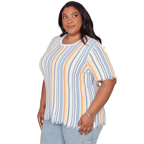 Plus Size Alfred Dunner Out Of The Blue Fringe Stripe Sweater