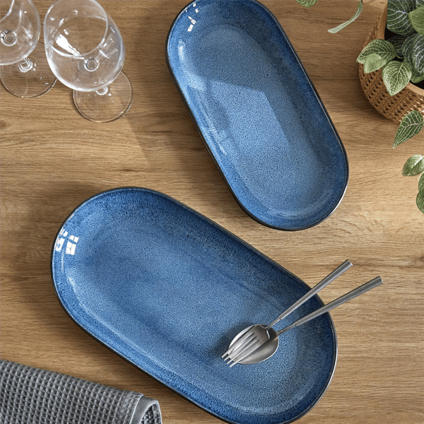 Sango Resona Blue/Black Large Ceramic Serving Platters - Set of 2