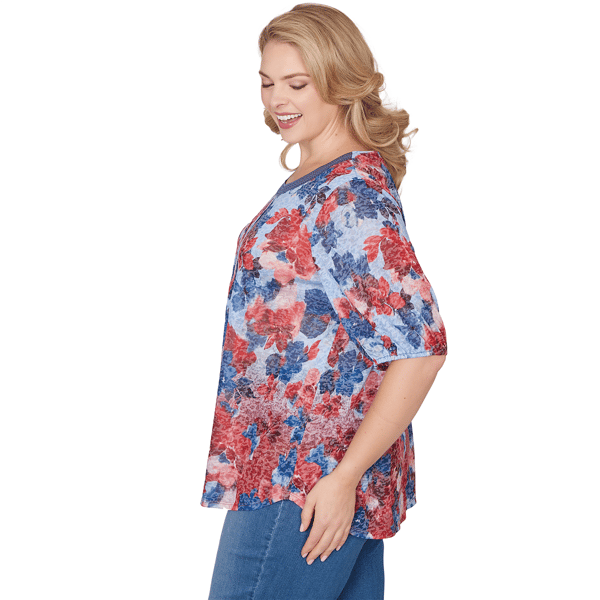 Plus Size Ruby Rd. French Riviera Pleated Floral Lace Trim Blouse