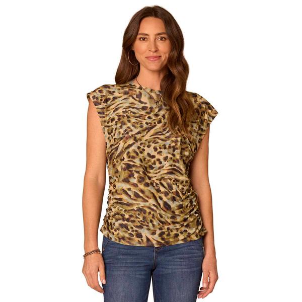 Womens Democracy Extend Cap Sleeve Scoop Neck Side Ruched Mesh P