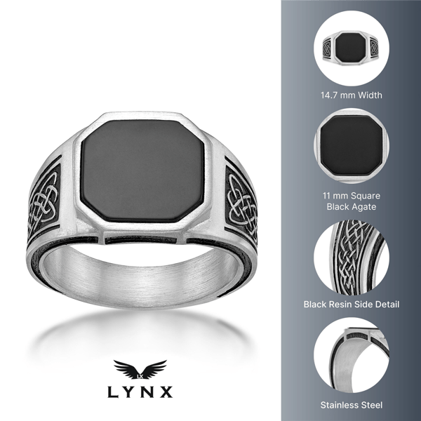 Mens Lynx Stainless Steel Black Agate & Black Resin Ring