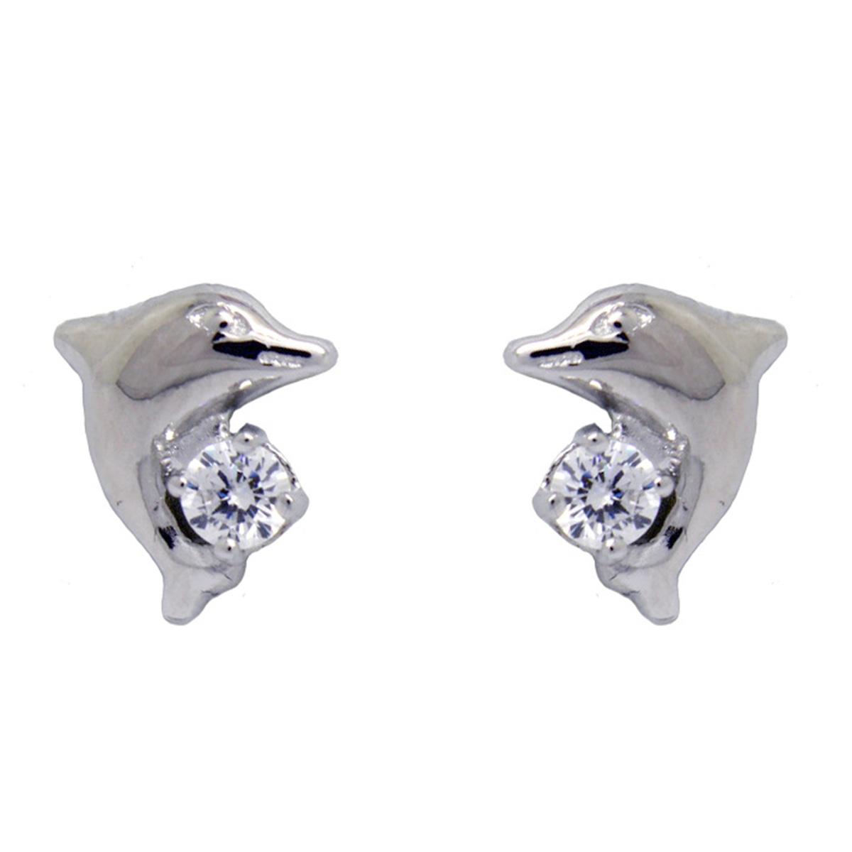Polished Sterling Silver CZ Dolphin Stud Earrings
