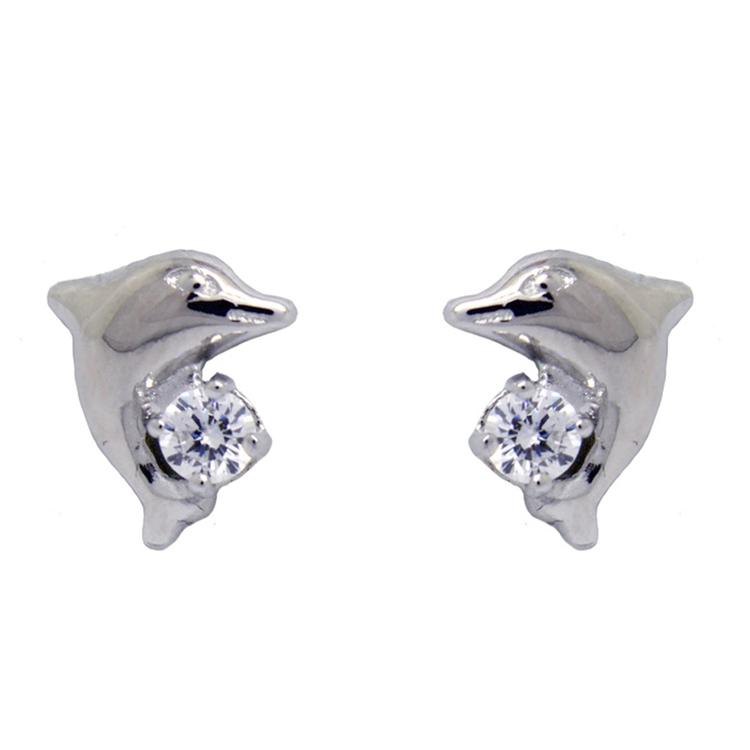 Polished Sterling Silver Cubic Zirconia Dolphin Stud Earrings